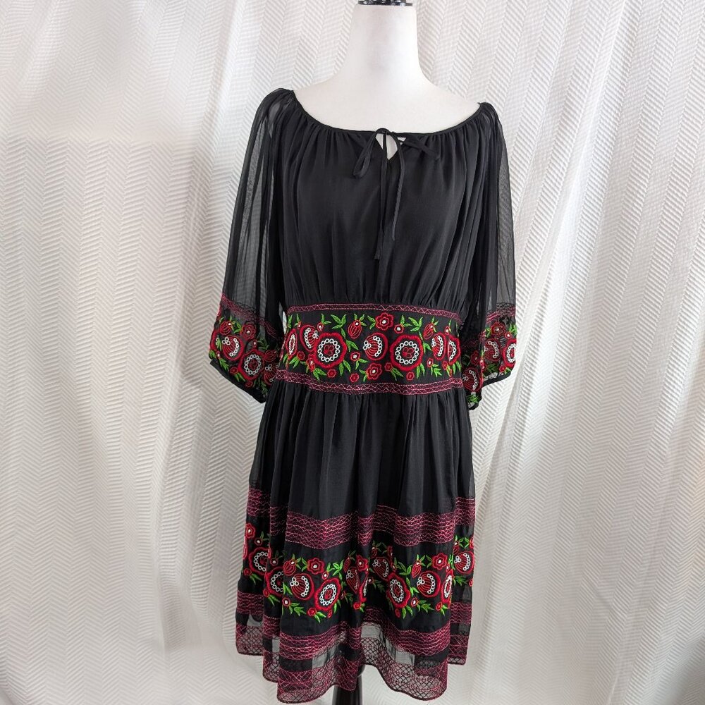 Anna Sui Black Embroidered Floral Dress Sheer Sleeves 100% Silk Bohemian Medium